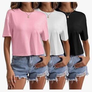 3 Pack Women Crop Tops Half Sleeve Cropped T Shirts Casual Crew Neck Drop